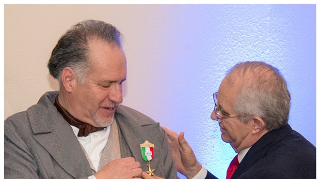 Joe Arciniega receives a medal from the Son's of the Republic of Texas after he gave a historical dramatization of his great-great-great-great grandfather Jose Miguel de Arciniega, who was twice mayor of San Antonio and helped found Bastrop.