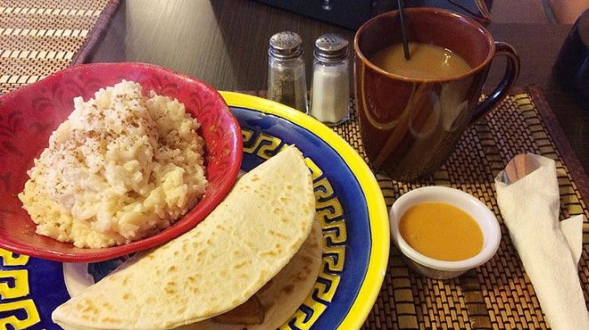 The atole de arroz and breakfast tacos are a winsome pair