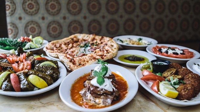 A spread of Pasha’s appetizers, including dolmas, naan, falafel and kashke bademjan, an eggplant dip.