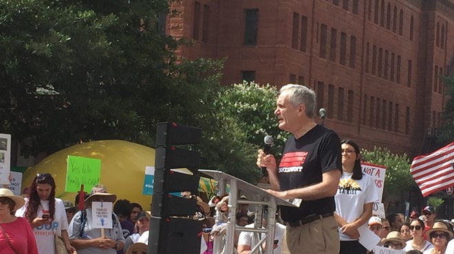 Rep. Lloyd Doggett speaking at the Families Belong Together rally in San Antonio's Main Plaza.