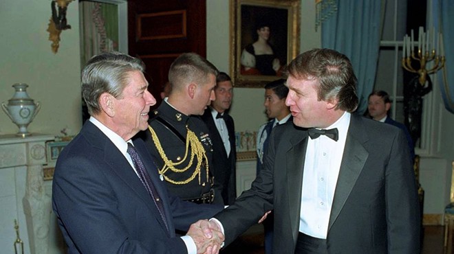 "Self-made man" Donald Trump meets President Ronald Reagan in this photo of a 1987 White House reception.
