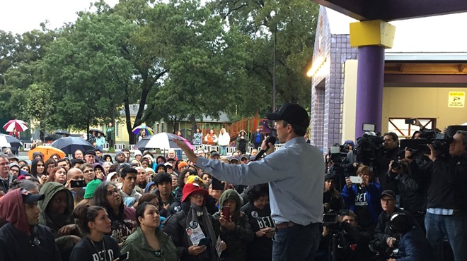 Beto O'Rourke speaks to the crowd at Plaza Guadalupe Monday night.