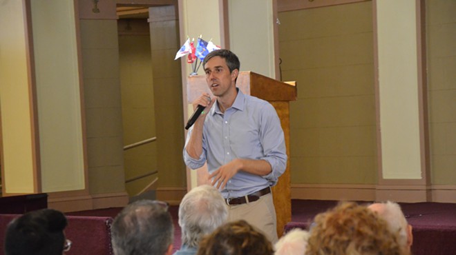 Beto O'Rourke speaking at a town hall in downtown San Antonio.