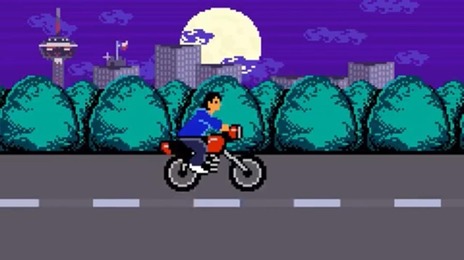 8-bit Rene Villanueva rides his motorcycle on 281.