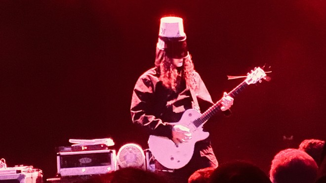 Enigmatic guitar shredder Buckethead shows off his technique from the Aztec stage.