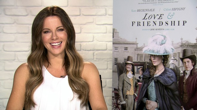 Actress Kate Beckinsale laughing during a satellite interview with the San Antonio Current last week.