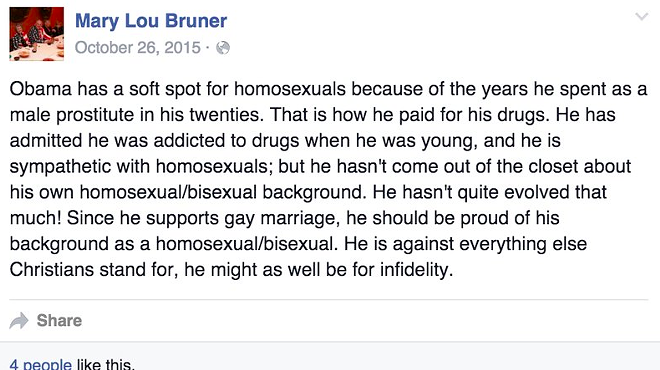 Mary Lou Bruner's Facebook post on President Obama.