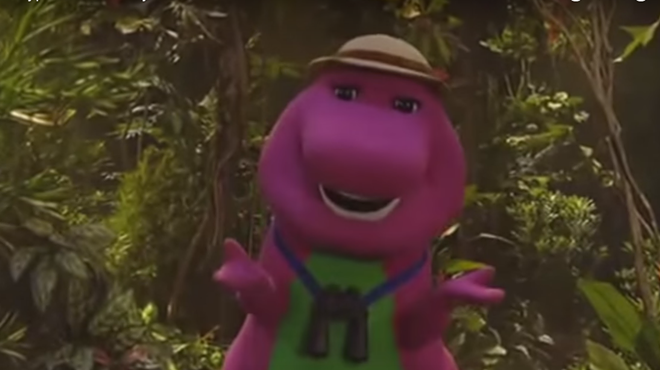 Barney on safari, dropping bombs and spitting fire.
