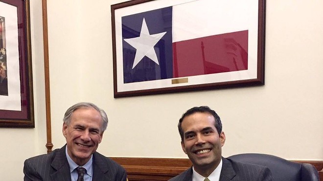 Texas Governor Greg Abbott and Texas General Land Office Commissioner George P. Bush shake hands in this November, 2015 Facebook photo.