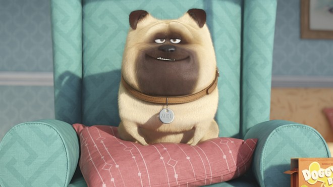 Mel (Bobby Moynihan) finds a relaxing place to guard his home in The Secret Life of Pets.