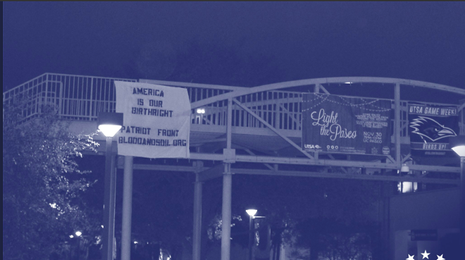 Image posted by Patriot Front of banner on UTSA campus.