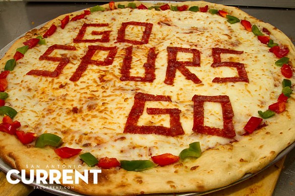 Go Spurs Go pizza with pepperoni and red and green peppers