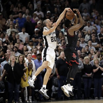 When he savagely blocked James Harden’s shot during Game 5 of the 2017 Western Conference semifinalsIf people didn’t consider Manu The GOAT before, they did after this iconic moment.Photo via Twitter / YourManDevine