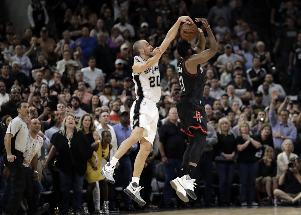 When he savagely blocked James Harden’s shot during Game 5 of the 2017 Western Conference semifinals
If people didn’t consider Manu The GOAT before, they did after this iconic moment.
Photo via Twitter / YourManDevine