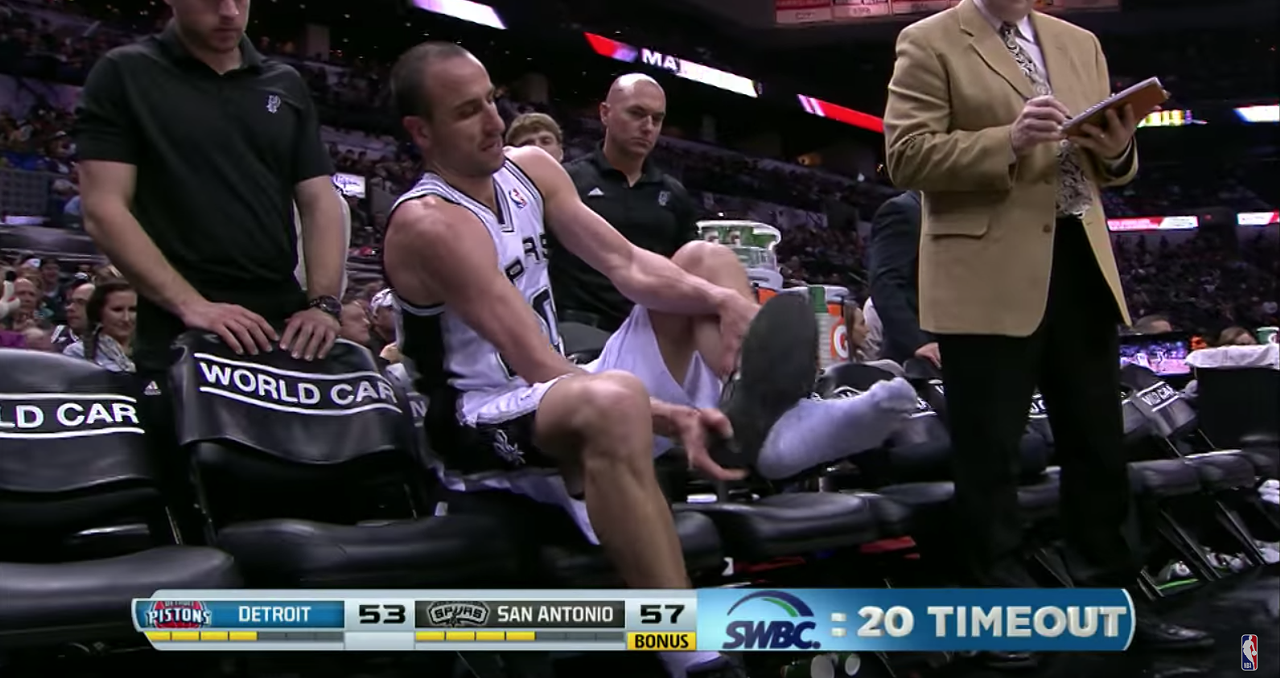 When his shoe exploded during a game
During a February 2014 game against the Detroit Pistons, Ginobili was playing defense and backing up on the court when his foot slipped and shot through his shoe. How this happened, we don’t know. But we’re still amazed that he waited until the end of the play to walk off the court to get a new pair.
Photo via YouTube / NBA