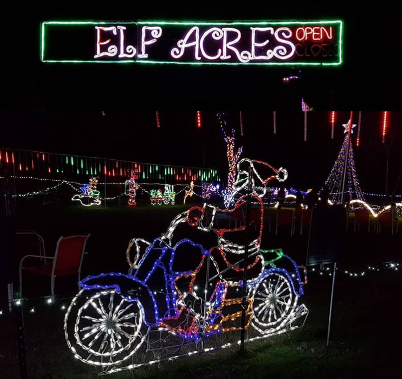 Elf Acres
1475 Grosenbacher Road, elfacres.com
Whether you choose to drive through the 15-acre trail or walk around to explore the seasonal offerings, there’s plenty fun to be had at this Far West Side spot. With thousands of Christmas lights that are animated and set to music that plays along. Be sure to hit up the concession stand for hot chocolate, popcorn, funnel cakes, and more.
Photo via Instagram / elfacresvenue
