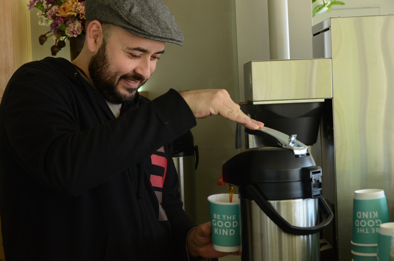 Pulp Coffee owner James Mireles brews coffee for visitors during the restaurant's soft opening on Feb. 20,2019.