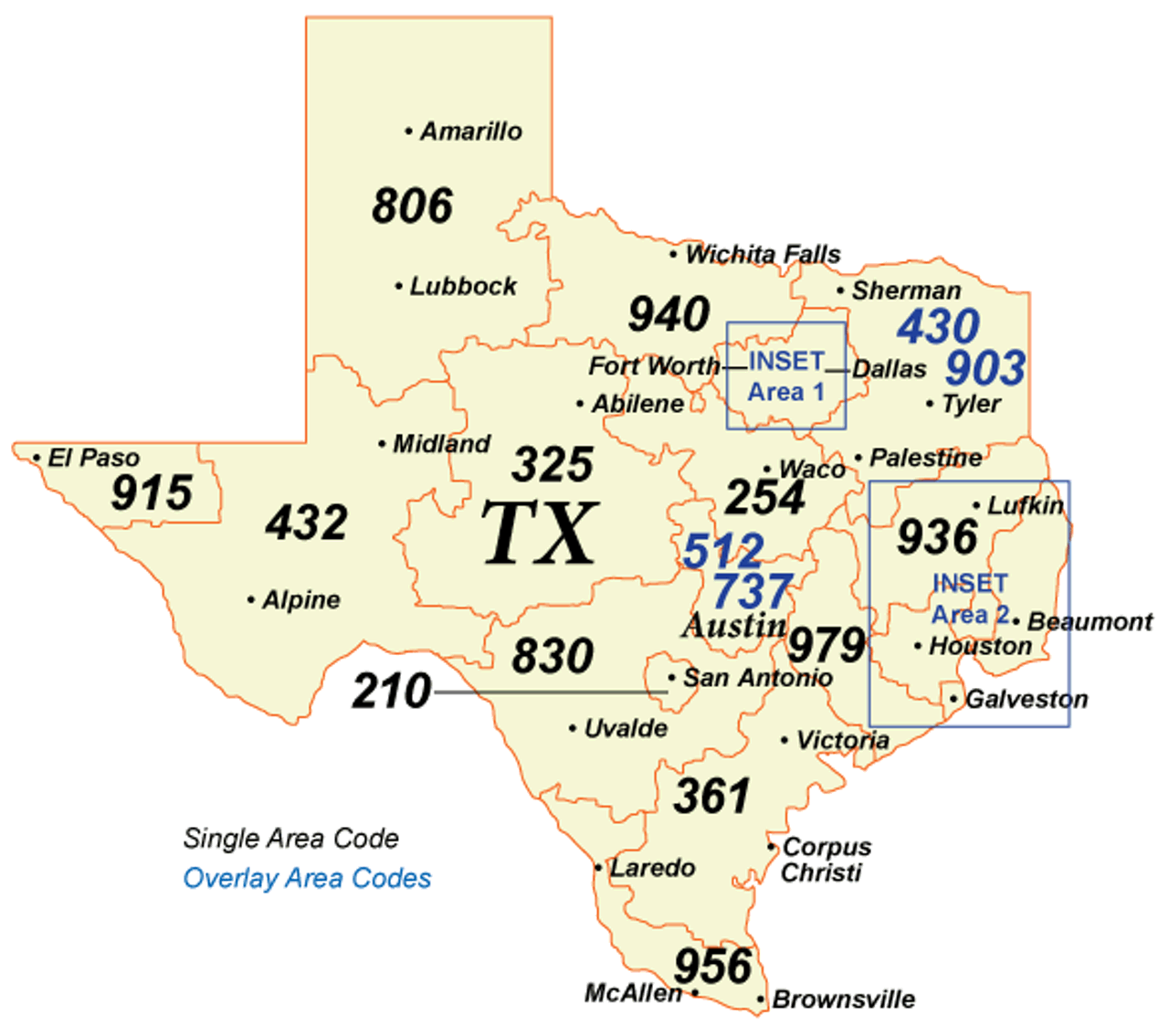 512 area code
2-1-0 may today be synonymous with the Alamo City, but that wasn’t always the case. Beginning in October 1947, San Antonio (as well as Brownsville, Corpus Christi, Harlingen and McAllen) phone numbers used the 5-1-2 area code. With growth rampant in the area, San Antonio adopted the 2-1-0 area code in 1992. Today, Austin and its suburbs use 5-1-2.
Map via North American Numbering Association