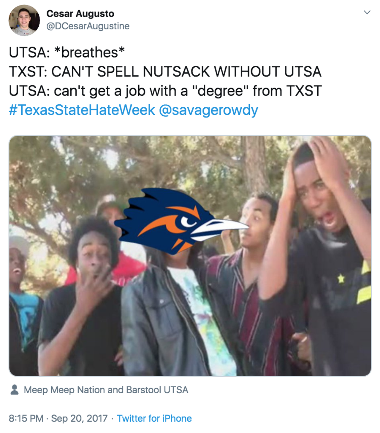 The UTSA/Texas State rivalry is real
I once saw a bar fight between a Roadrunner and a Bobcat. Except they were dudes. And they beat each other up. Nowadays, the rivalry is mostly Twitter meme-based as of late, which is a thousand times more clever and funny — and nobody has to go to jail!
Photo via Twitter / DCesarAugustine