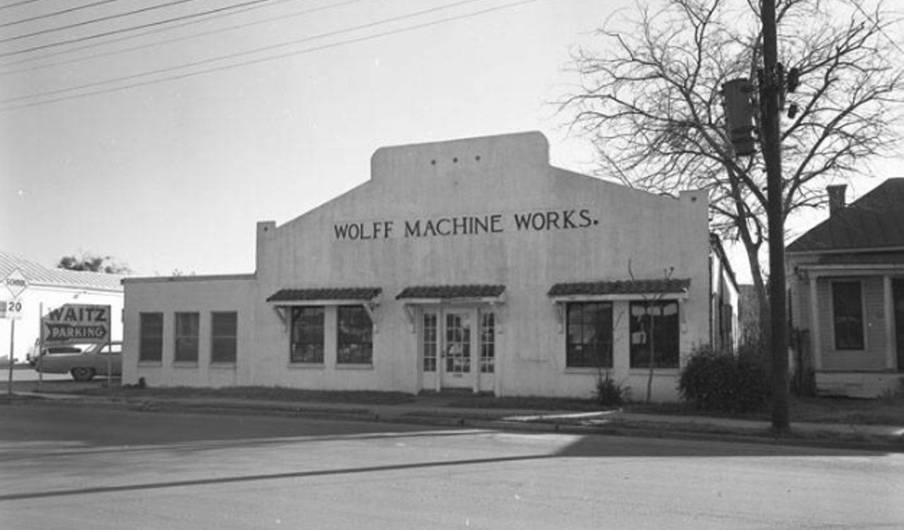 In this 1965 photo you can see Wolff Machine Works, which was owned by Marie T. Wolff. Located at 530 Goliad Street, the business was part of an urban renewal project related to HemisFair '68.