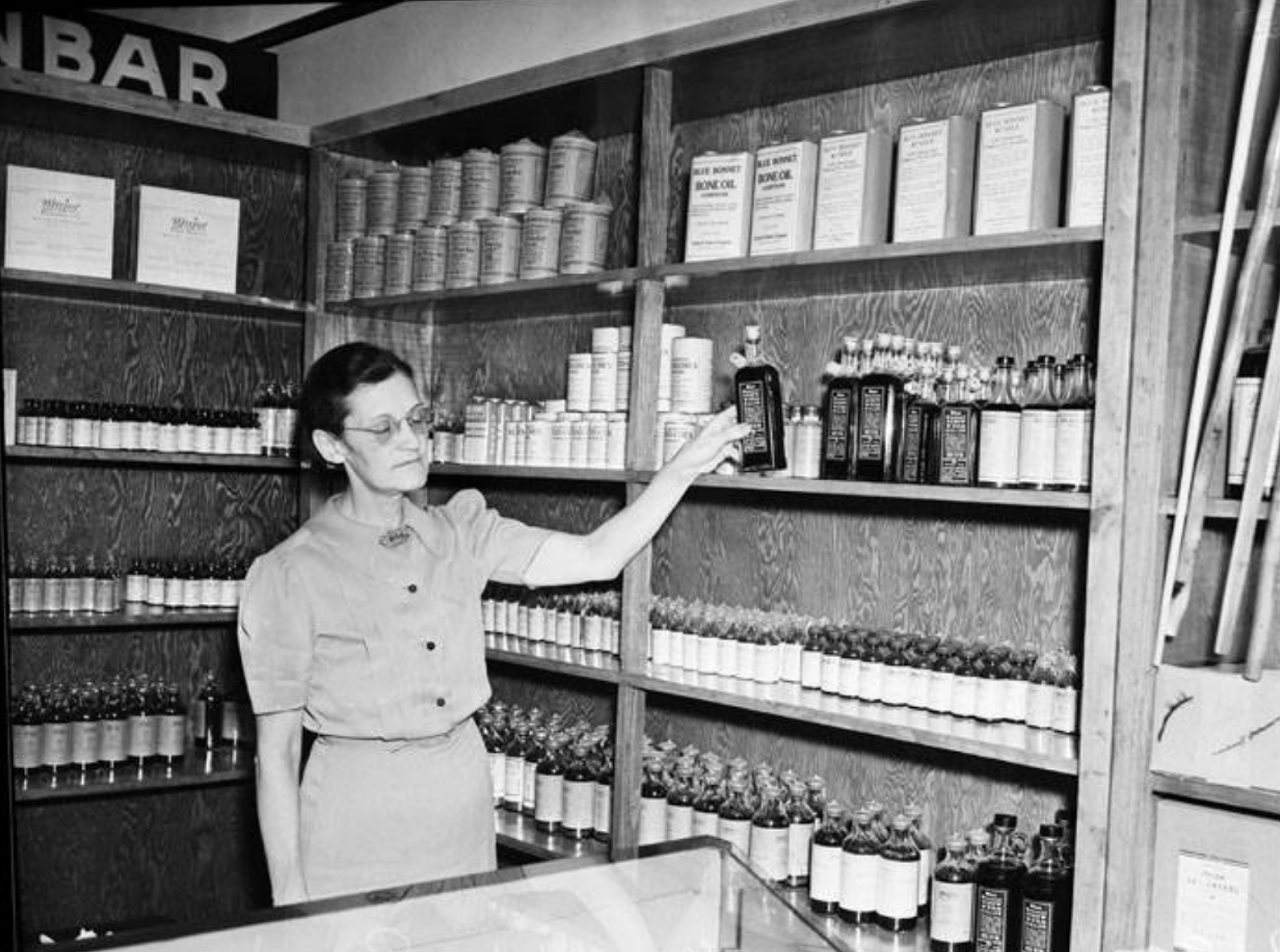 Back in the 1930s there was such a business called Crockett Laboratories. This 1939 photo shows manager Nola Boyd reaching for a bottle of screw-worm killer. The business was part of the Livestock Exchange building.