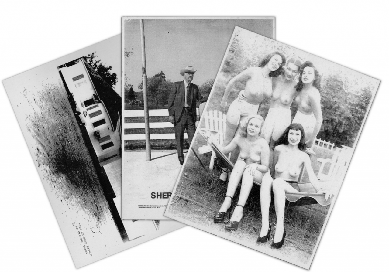 A set of three cardstock images depicting a front view of the Chicken Ranch, Sheriff T.J. &#147;Big Jim&#148; Flournoy at the Fayette County Fairgrounds and five topless women purported to be former employees of the brothel. Courtesy of William "Trigger" Rogers