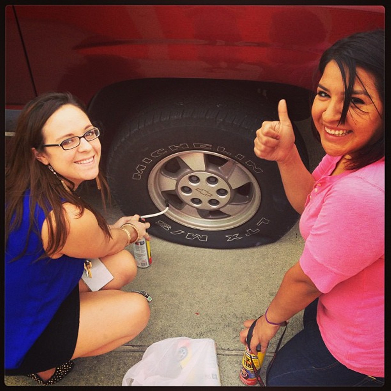 Instagram user @hopeoverexperience: "When you manage a Plato's closet there's a new adventure every day.... #platoscloset #platosclosetnorthstar #flattire #fixaflat  @sacurrent #samonday"