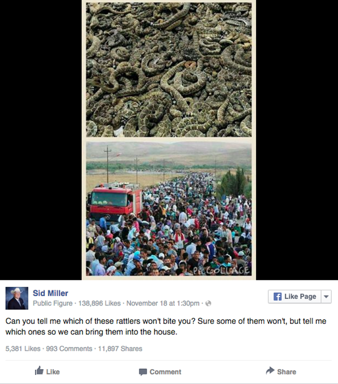 "Can you tell me which of these rattlers won't bite you? Sure some of them won't, but tell me which ones so we can bring them into the house.: -- Agriculture Commissioner Sid Miller in a November 18 Facebook post comparing Syrian refugees to rattlesnakes.