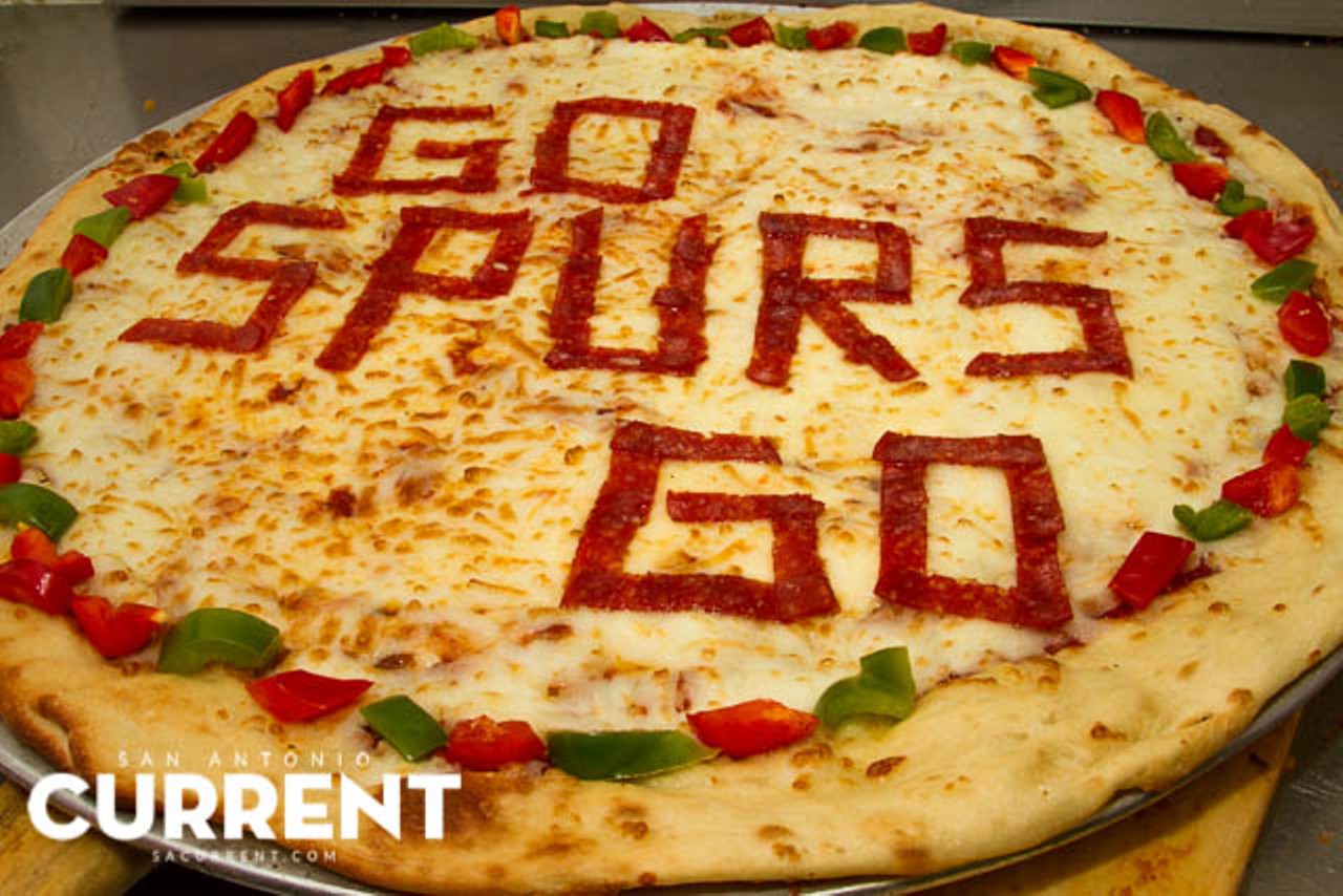 Go Spurs Go pizza with pepperoni and red and green peppers