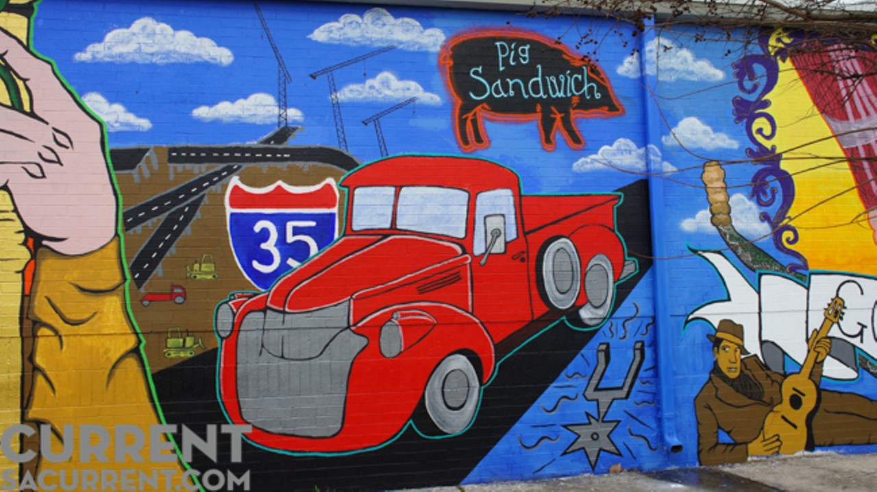 The second portion of the mural includes a depiction of I-35, the interstate &#147;El Cielo Sobre La Loma&#148; overlooks. John Medina and his students chose to paint I-35&#146;s construction as a reminder that the highway disconnected Government Hill from the adjacent neighborhood, and uprooted a number of homes to make way for the transportation artery.