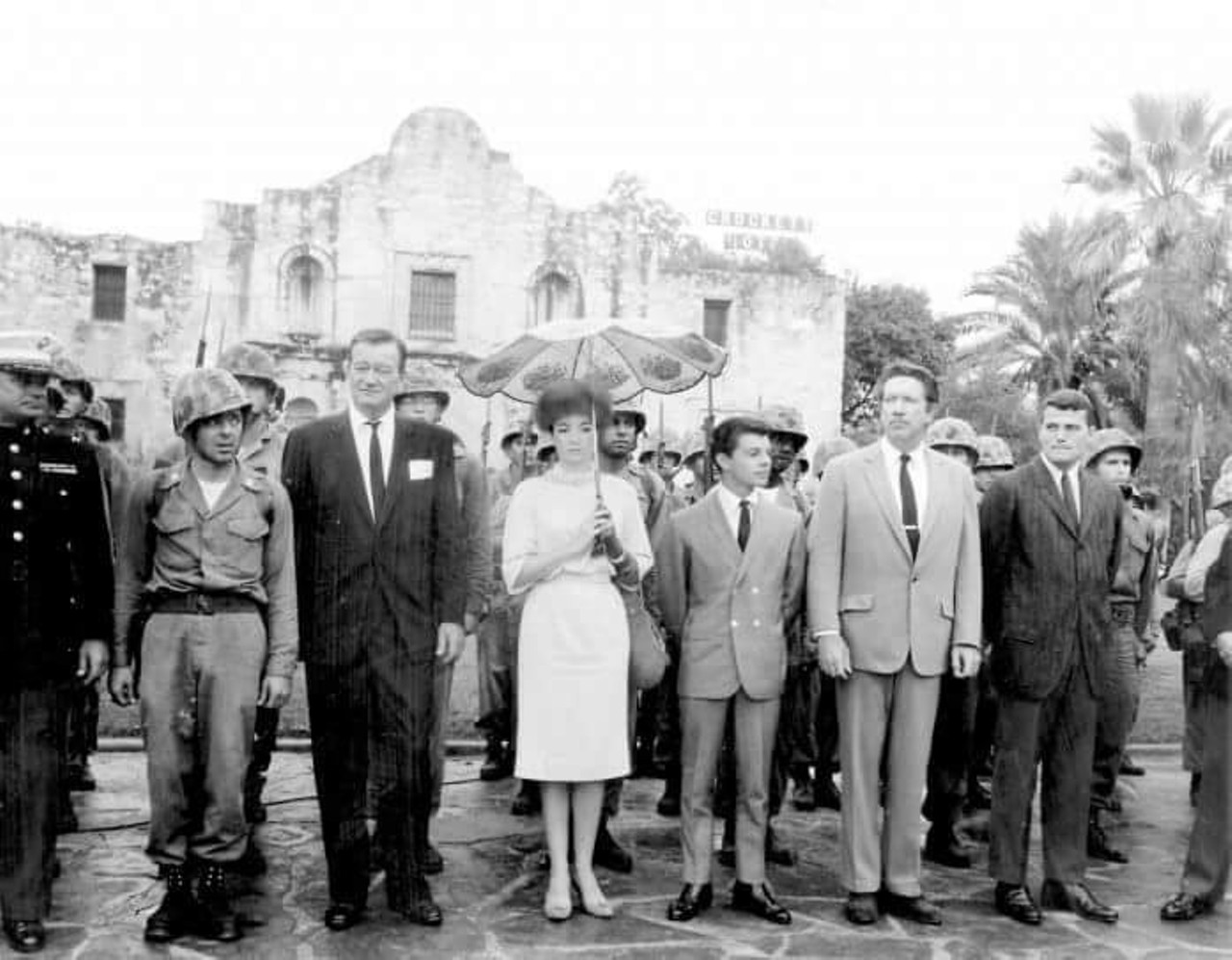 Cast members of the 1960 film "The Alamo," including John Wayne, Linda Crystal, Frankie Avalon, Richard Boone and Pat Wayne, during a ceremony at Alamo Plaza, Oct. 24, 1960.