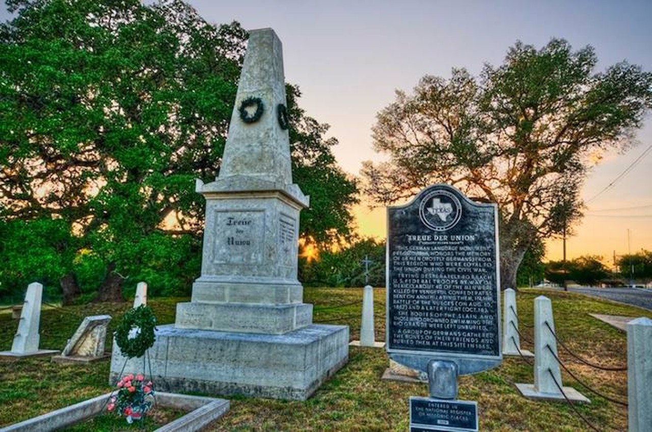 The Treue der Union Monument
High St.
Possessing a German title, the Reue Der Union Monument ("Loyalty to the Union") in Comfort, Texas honors the mass-grave burial site of thirty-four German Texans whom resisted Confederate governance and died at the 1862 Nueces Massacre. Almost lost in history, the obscure act of violent marked the general end to overt German Unionism in Texas for the remainder of the war.  
Photo via Facebook (The Lion of Texas A Conversation with Sam Houston)