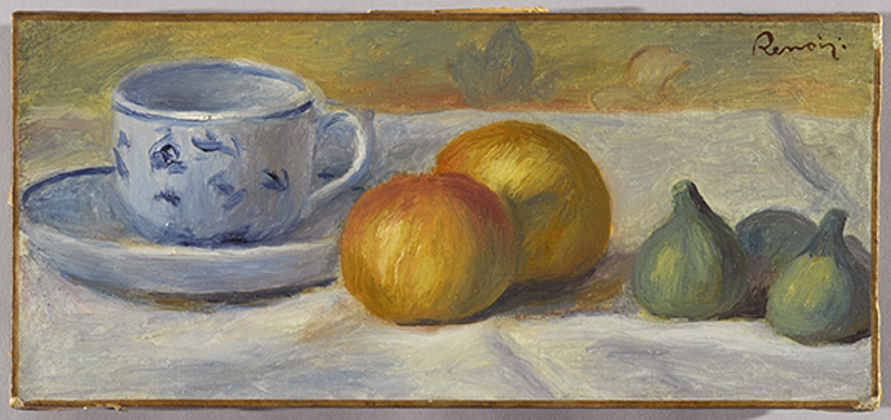 Pierre-Auguste Renoir (French, 1841&#150;1919). Still Life with Blue Cup, circa 1900. Oil on canvas, 6 x 13 1/8 in. (15.2 x 33.3 cm). Brooklyn Museum, Bequest of Laura L. Barnes, 67.24.19. (Photo: Sarah DeSantis, Brooklyn Museum)