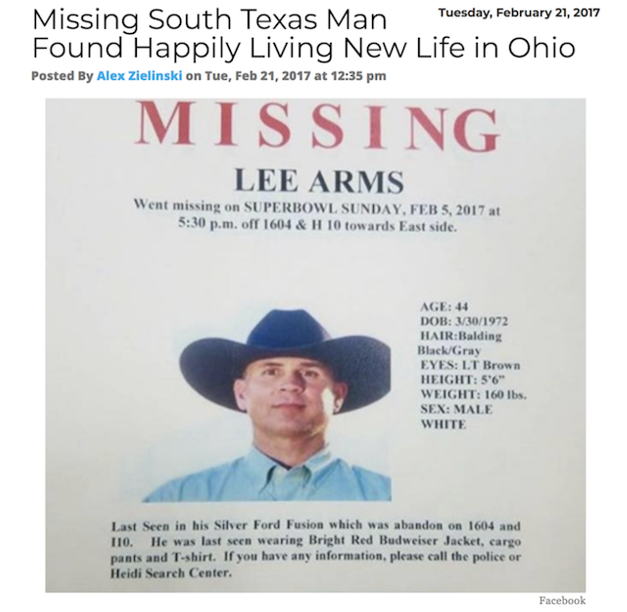 A South Texas man chose to pursue a new life with a new partner in Ohio without telling his wife or children where he was heading, leading police and family to launch a massive search. Probably would’ve been easier if he just left a note. Read more.