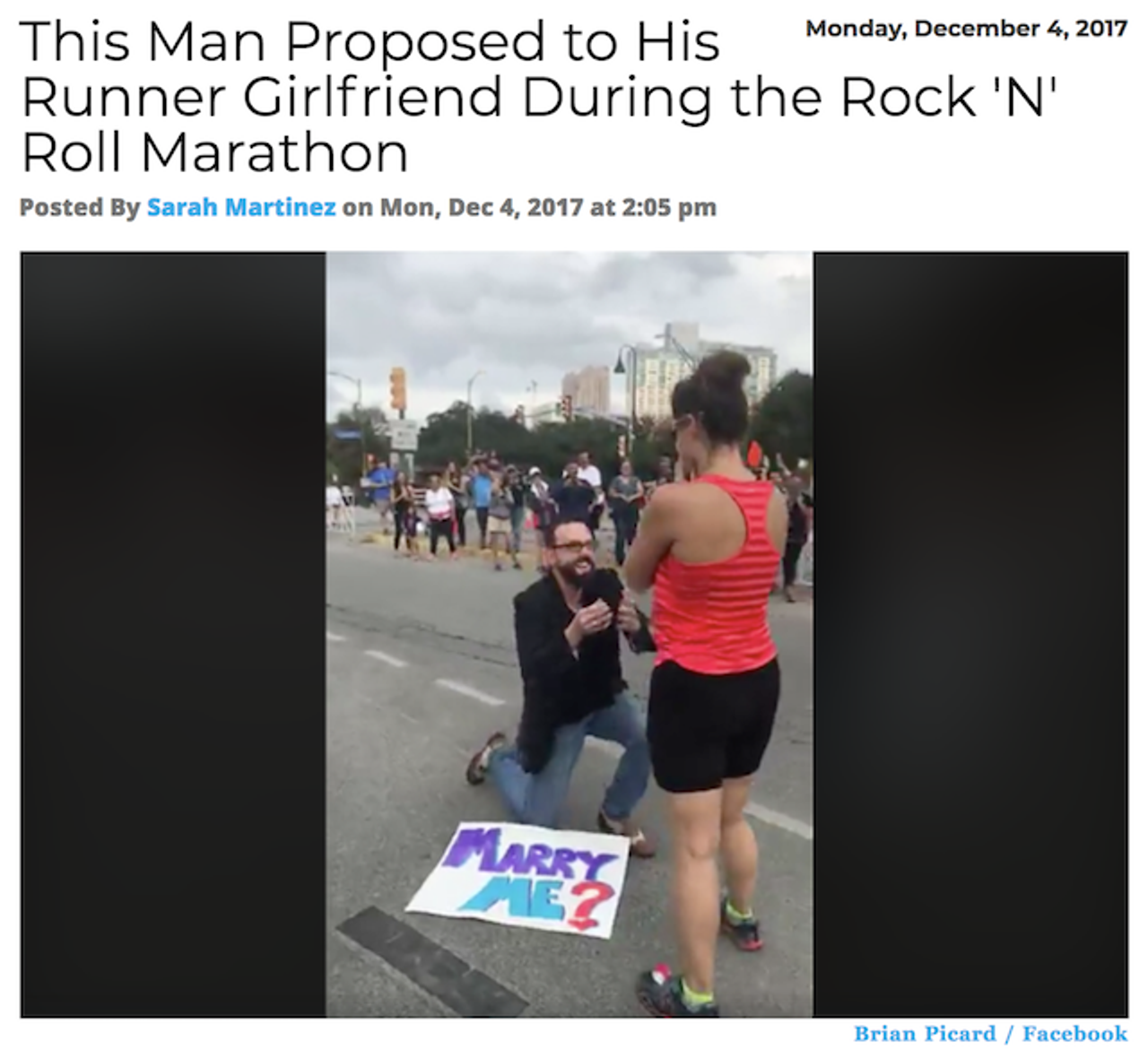 Brian Picard flew in from Oklahoma to sweetly propose to his girlfriend, Catherine Pisano, at the Rock ‘n Roll Marathon. Spoiler: she said yes. Read more.