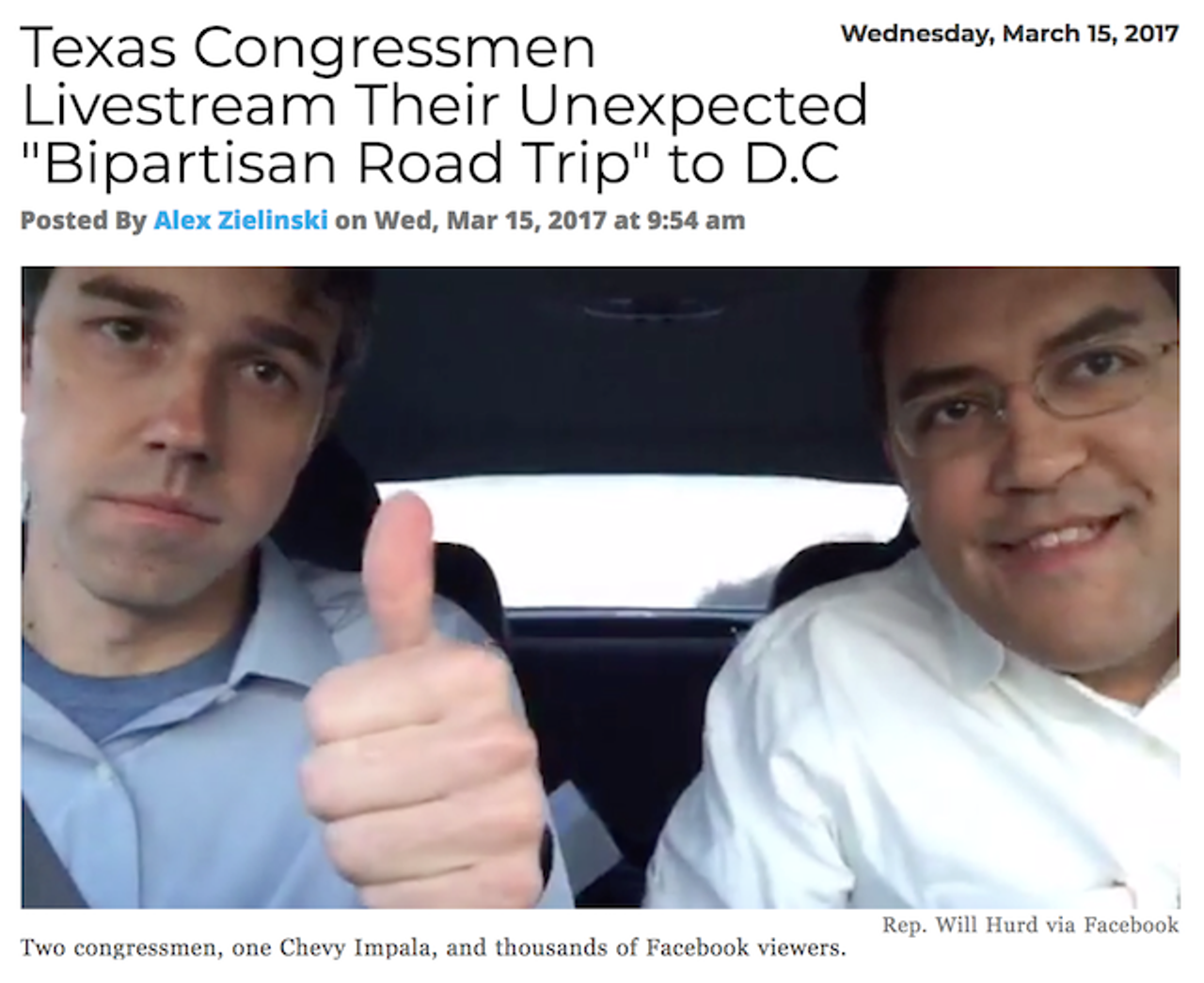Texas Congressman Beto O'Rourke (D) and Will Hurd (R) hopped in a rental and jetted across the country together after their flight was cancelled in the hellacious snow storms that happened earlier this year. Read more.