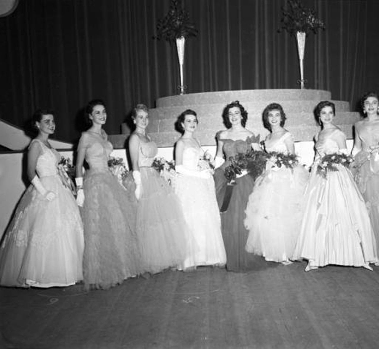Miss Fiesta Presentation and Ball, 1955
Miss Fiesta dates back to the late 1940s. The title of Miss Fiesta appeared among the other Fiesta royalty with the invention of Fiesta Flambeau.
Photo via Zintgraff Studio Photo Collection