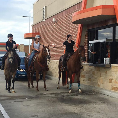 Yes, you can bring your horse to a Whataburger drive-through.
If you come riding in on a, shall we say, non-standard vehicle, they’ll still serve you.
Photo courtesy of Whataburger / Allison LaSalle Photography