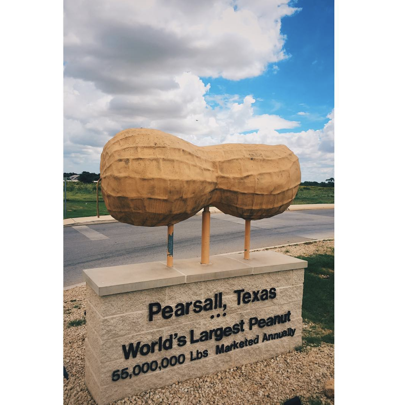 World’s Largest Peanut, Pearsall, TX
Junction of S. Treviño St. and Comal St., Pearsall, roadsideamerica.com
The World’s Largest Peanut still stands proudly after 25 years on the side of the road in Pearsall, TX. 
Photo via Instagram /  redfangoo
