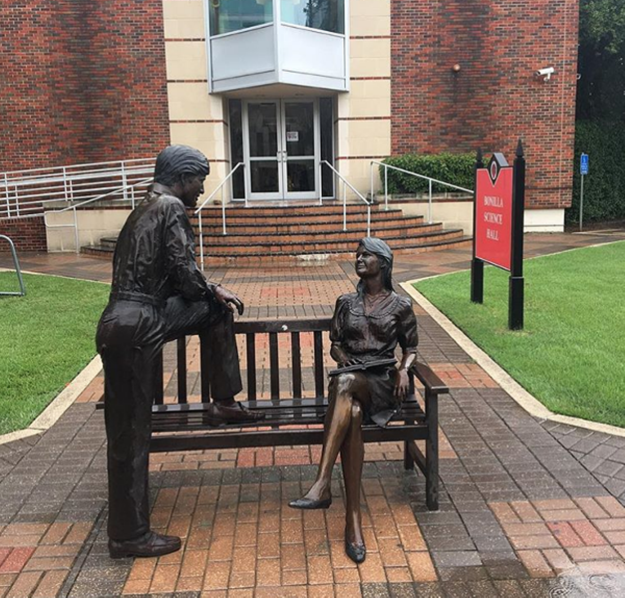 Mansplaining Statue, San Antonio, TX
4301 Broadway, San Antonio, roadsideamerica.com
Though unintended by the artist, the statue Classmates on UIW’s campus struck a chord, as it accidentally immortalizes the unique frustration of being mansplained to. The statue can be found near the college’s music building. 
Photo via Instagram /  mkomar09