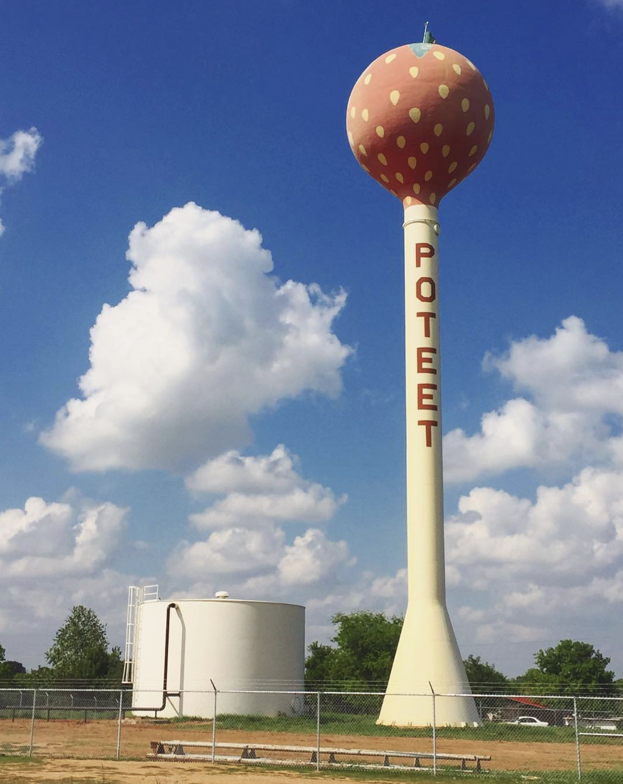 Strawberry Water Tower, Poteet, TX
Junction of Betty Louise Drive and Pecan St., Poteet, roadsideamerica.com
A towering 130-foot strawberry can be seen along Highway 16 as cars approach Poteet, giving a berry sweet welcome to all passerbys. 
Photo via Instagram /  ahoycharlie