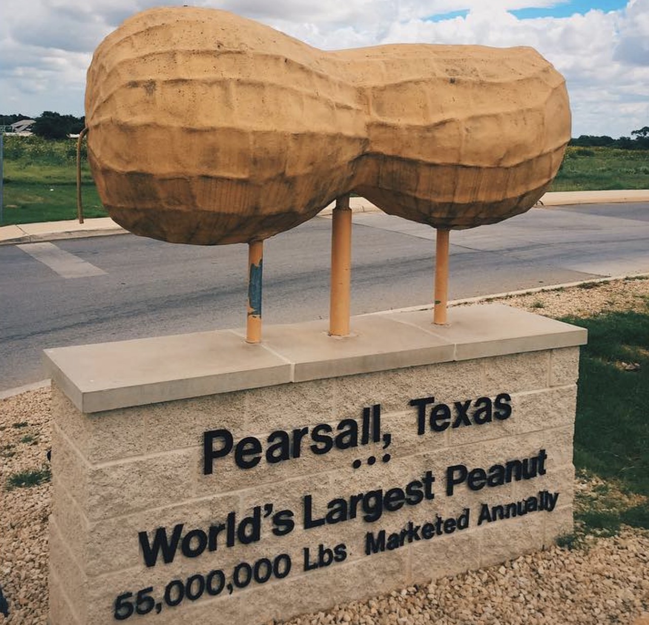 World’s Largest Peanut, Pearsall
Junction of S. Treviño St. and Comal St., Pearsall, roadsideamerica.com
The World’s Largest Peanut still stands proudly after over 25 years on the side of the road in Pearsall, TX. 
Photo via Instagram /  redfangoo