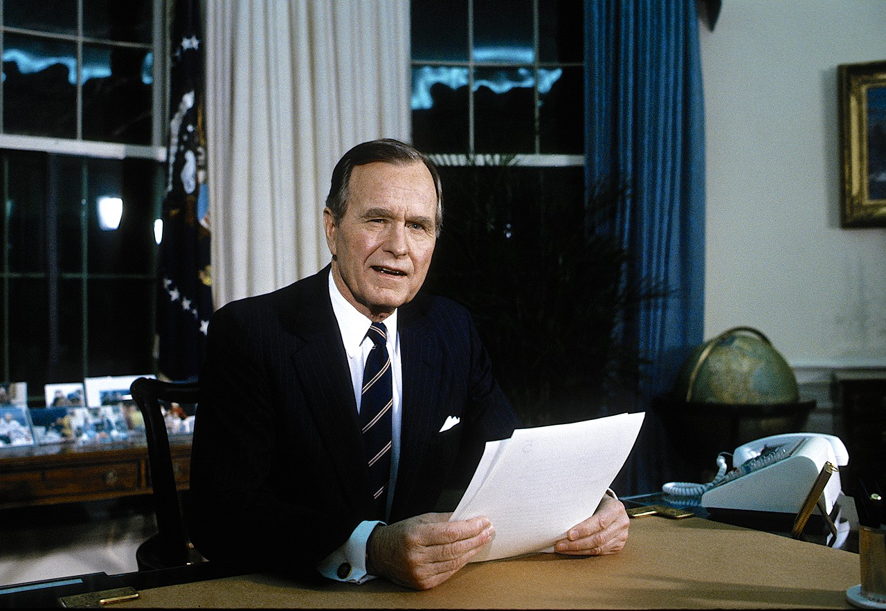 George H.W. Bush
Here are a few fun facts about H.W.: the first is that he was the first U.S. president to be as old as he was, which was 94. He passed away in 2018 after his health took a turn following the death of First Lady Barbara Bush. He’ll hold that distinction until President Jimmy Carter, now 95 and still kicking, passes away. Another fun fact is that he was the last World War II veteran to serve as the President of the United States. He’s buried at the George H.W. Bush Presidential Library and Museum in College Station.
Photo via mark reinstein / Shutterstock.com