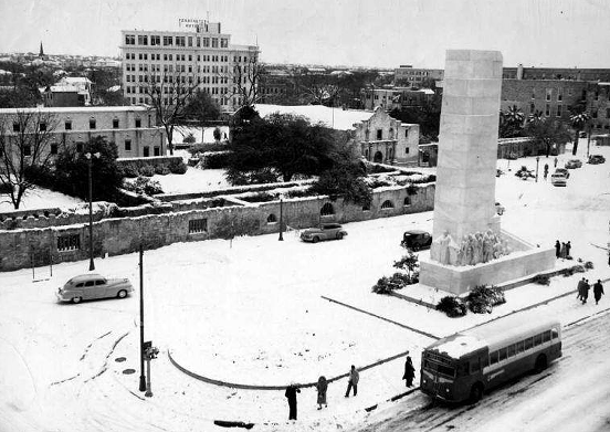 January 1949 Snow covering Alamo Plaza,