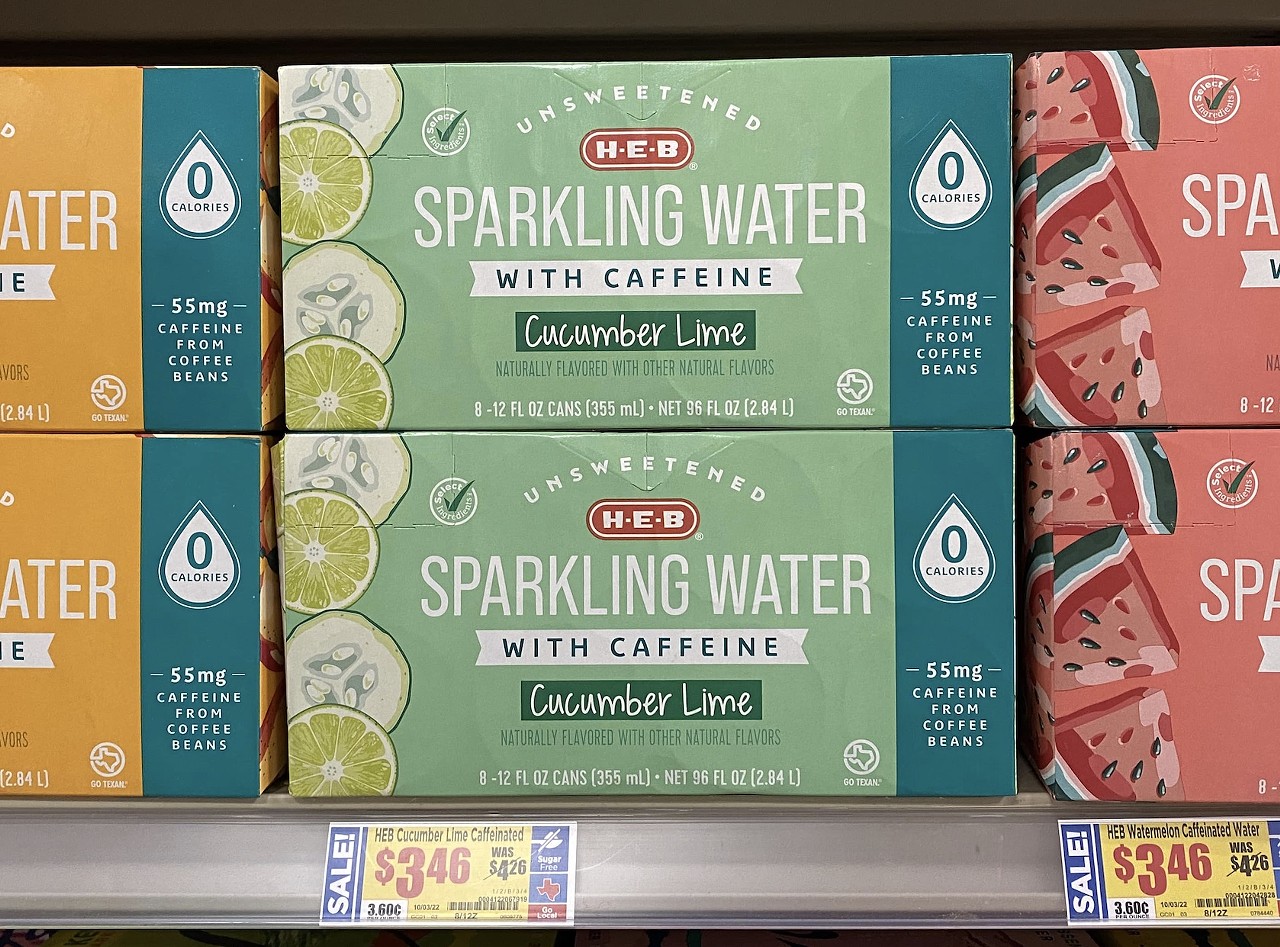 Sparkling Water with Caffeine
heb.com
Apparently, H-E-B gets that sometimes thirst and sleepiness set in simultaneousy. Flavors include ginger lime, cranberry apple, watermelon, cucumber lime and mango.