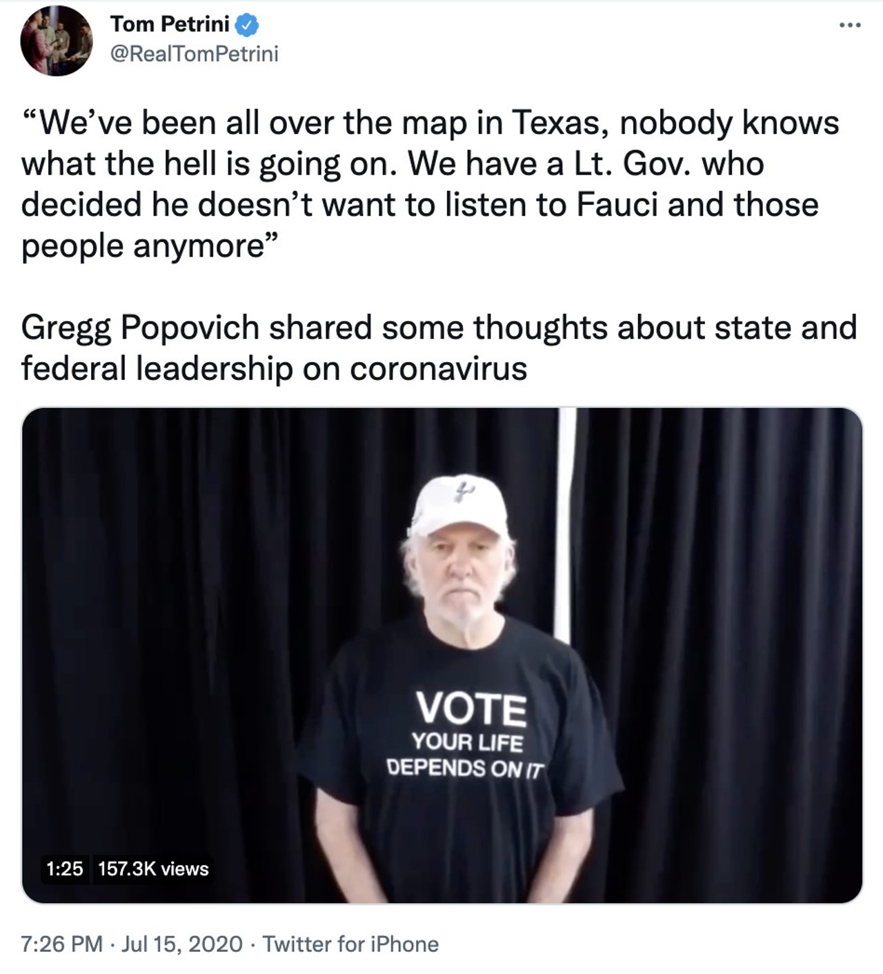 "No Fucks Given" Pop
Depending on which side of the political divide, you either love or hate the "No Fucks Given" version of Spurs Coach Greg Popovich who emerged during the NBA bubble. Remember when he skewered Texas' GOP leaders as "cowards?" Grab a black “Vote: your life depends on it” T-shirt and a white Spurs hat to complete the look. 
Photo via Twitter / RealTomPetrini