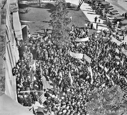 Workers Alliance Demonstration, 1937
This bird's-eye view captured the city-wide parade protesting a scarcity of jobs in the area. The city was hit hard by the Great Depression, leading to an abundance of laid off workers. 