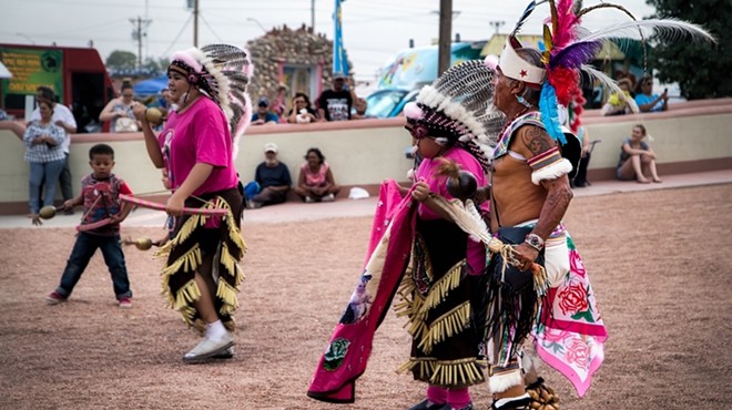 Members of the Ysleta del Sur Pueblo Tribe, a Native American tribe and sovereign nation known as the Tigua, perform a traditional dance at the Ysleta Mission.