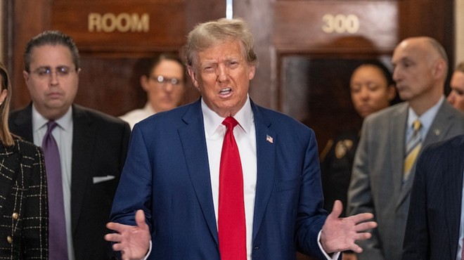 Former President Donald Trump speaks before closing arguments at his civil fraud trial early this year at the State Supreme Court of New York.