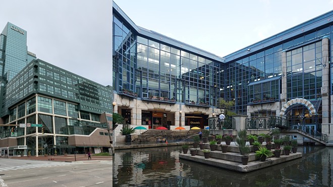 Baltimore’s flagging Harborplace is on the left, and San Antonio’s Rivercenter Mall is on  the right. Notice any similarities?